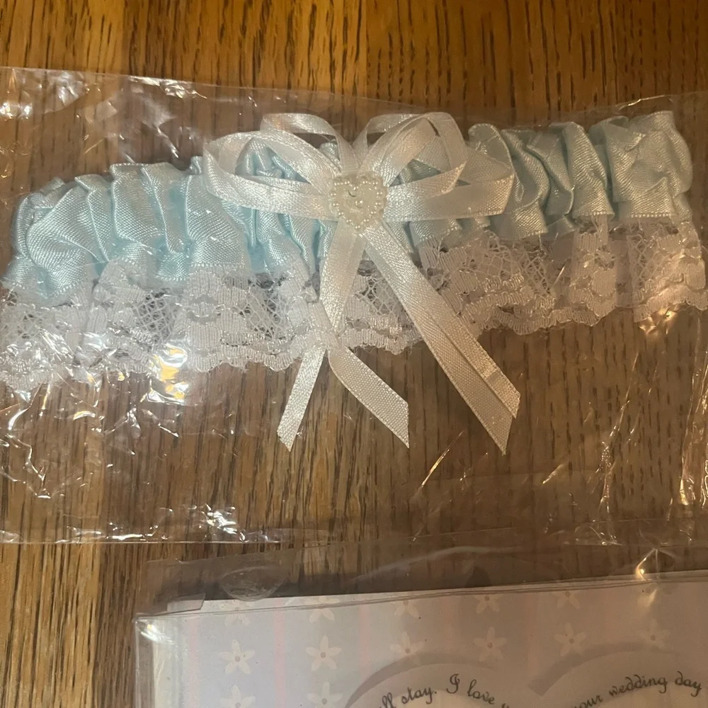 Blue and White Bridal Garter and something blue handkerchief set.